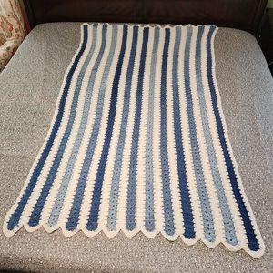 Handcrafted Blue & White Striped Scalloped Afghan Blanket